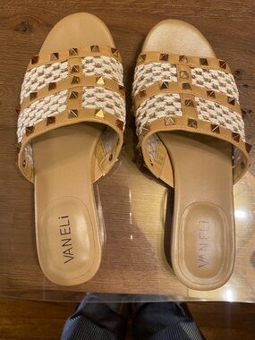 Vaneli Tan and Cream Braided Stud Slide Mules